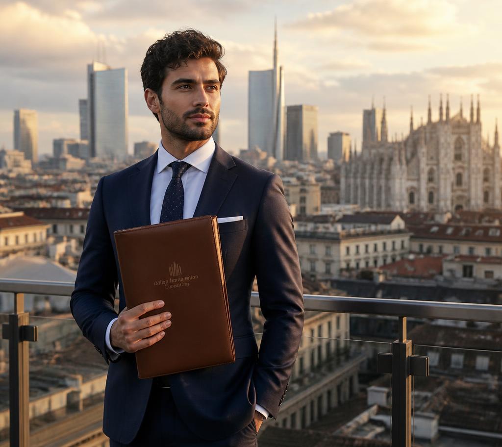 Professional consultant overlooking the Milan skyline, Italy